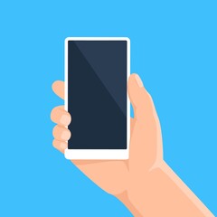 Poster - Hand with phone. Man holding smartphone with blank screen. Cell phone mockup for application presentation, social media vector template. Character with modern electronic device or gadget