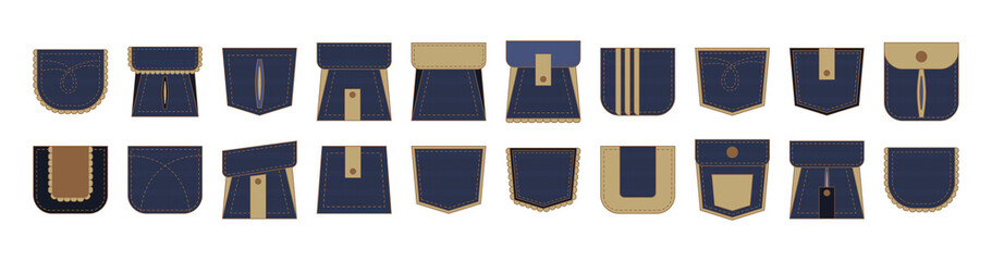 big set of blue denim patch pockets with brown stitch. pleated design shape for women pants or tshir