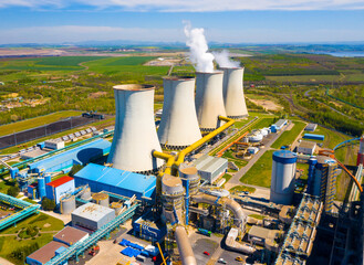 Coal power plant Tusimice in Northern Bohemia, Czech Republic. Aerial view to big source of emissions in European Union.