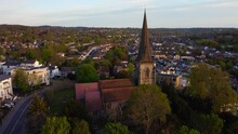 Aerial Drone View Of A Church And Spire In A Typical English Town