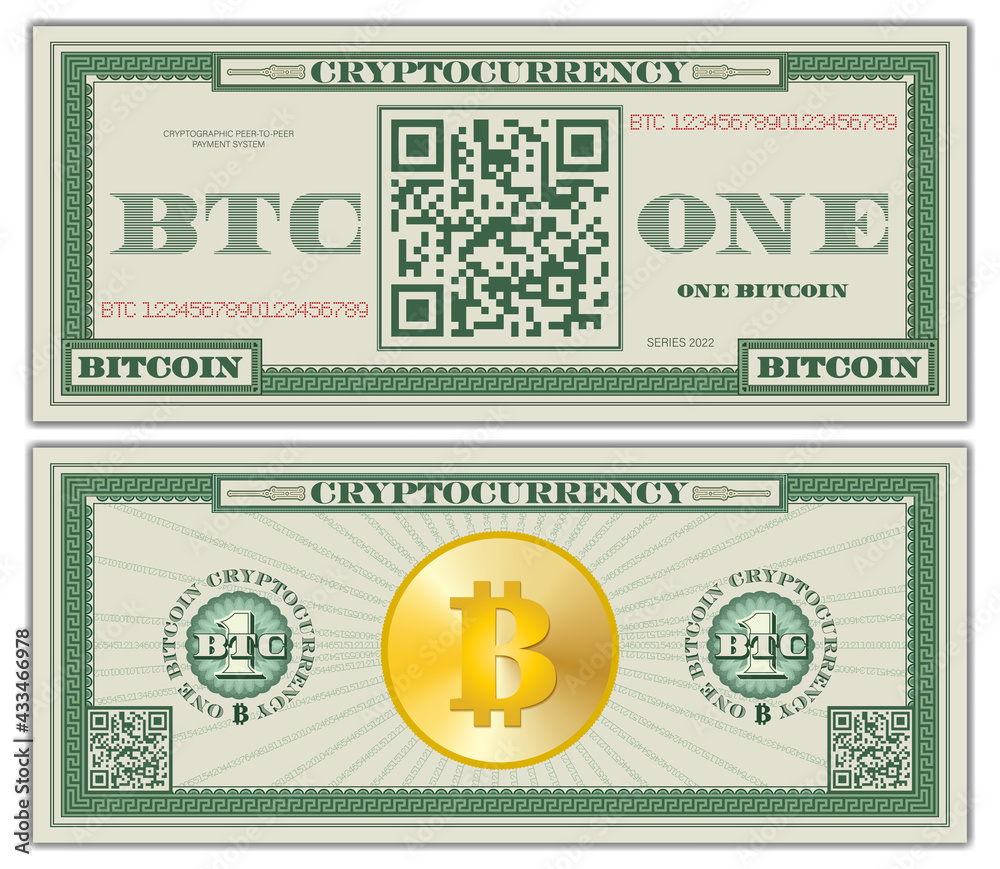 Vettoriale stock di Bitcoin in the style of paper money, US dollars. One bitcoin  cryptocurrency is coded in the QR-code. Green obverse and reverse of the  banknote with shadow on white background |