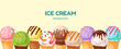 Colorful ice cream background.Tasty summer dessert.Ice-cream scoop and waffle cone with different toppings. 
Vector illustration of seasonal healthy food for takeout, café, bar menu, banner.
