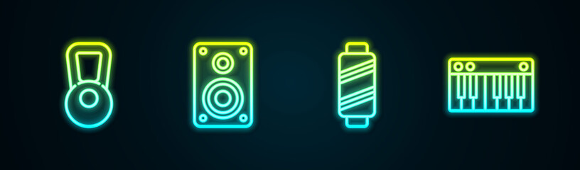 Poster - Set line Kettlebell, Stereo speaker, Sewing thread on spool and Music synthesizer. Glowing neon icon. Vector