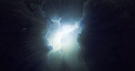 Poster - Sun rays in space, dramatic Armageddon cool blue clouds. Epic Sci-Fi Outer Space Cinematic Scene, Dark Stormy Cloud Scape. 