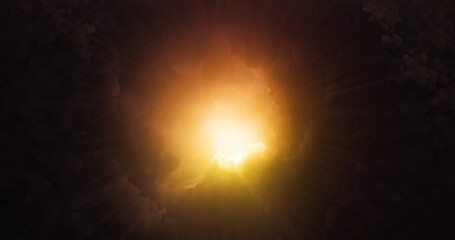 Poster - Sun rays in space, dramatic Armageddon warm orange clouds. Epic Sci-Fi Outer Space Cinematic Scene, Dark Stormy Cloud Scape. 