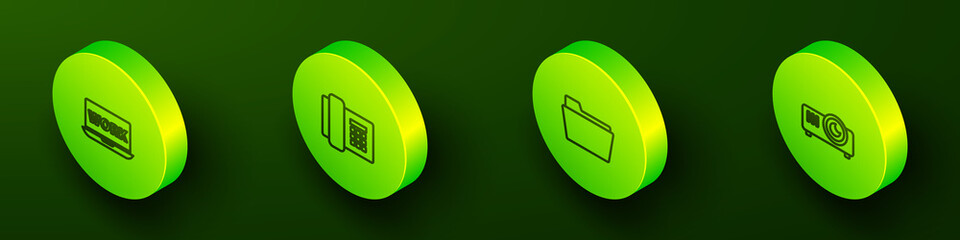 Poster - Set Isometric line Laptop with text work, Telephone, Document folder and Movie, film, media projector icon. Vector
