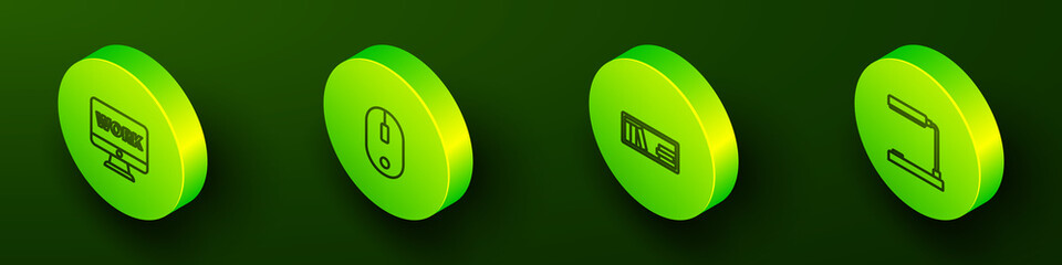 Poster - Set Isometric line Monitor with text work, Computer mouse, Shelf books and Table lamp icon. Vector