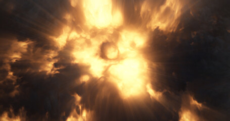 Poster - thick dark smoke with flaming explosion. expanding fire over dark background.