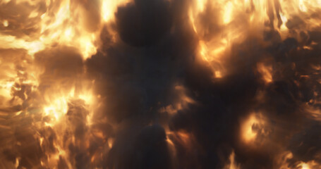 Poster - large explosion from dark smoke. and expanding fiery ball of fire over dark background. dark smoke b