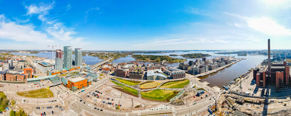 Aerial view of Helsinki city. Sky and colorful buildings.	
