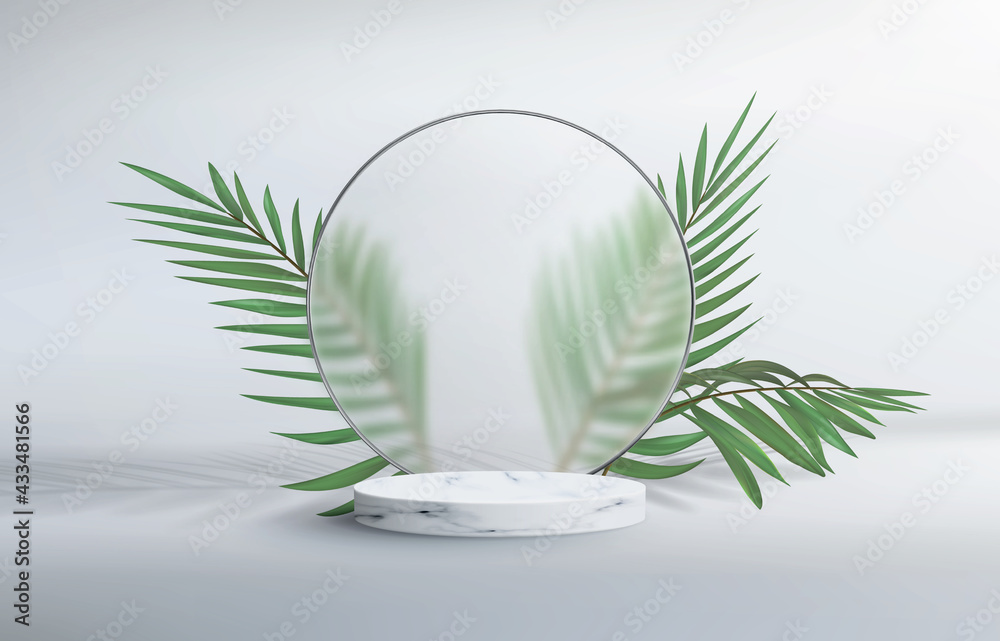 3d abstract background with marble pedestal. Round frosted glass frame with plumber's sheets. Minimalistic realistic image of an empty podium to showcase cosmetics products. - obrazy, fototapety, plakaty 