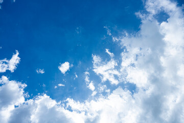 Wall Mural - Stunning view of a blue sky with some fluffy clouds. Aerial shoot, natural background with copy space.