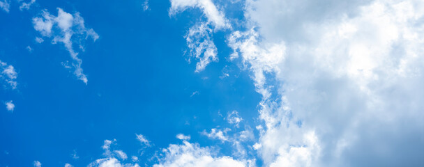 Wall Mural - Stunning view of a blue sky with some fluffy clouds. Aerial shoot, natural background with copy space.