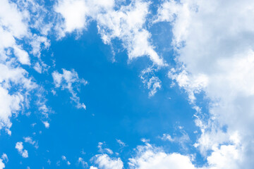 Wall Mural - Stunning view of a blue sky with some fluffy clouds. Aerial shoot, natural background with copy space.