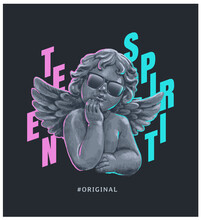 Teen Spirit Slogan With Antique Baby Angel In Sunglasses ,vector Illustration For T-shirt.