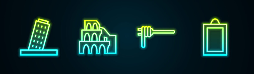 Poster - Set line Tower in Pisa, Coliseum Rome, Pasta spaghetti and Picture. Glowing neon icon. Vector