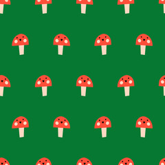 Wall Mural - Cute toadstools seamless vector kids pattern repeat. Repeating background mushroom fungi with smiling faces on green. Surface design for fabric, wrapping, kids wear, children decor, baby nursery.