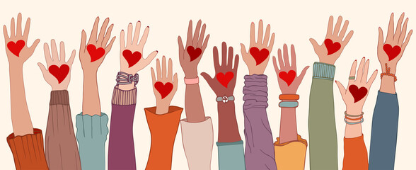 Poster - Arms and hands raised. Charity donation and volunteer work. Group of diverse people with heart in hand. Support and assistance. People diversity. Multicultural and multiethnic community