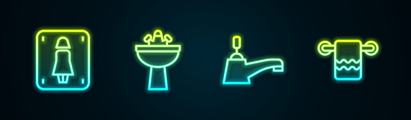 Poster - Set line Female toilet, Washbasin with water tap, Water and Towel on hanger. Glowing neon icon. Vector