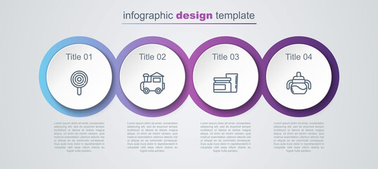 Wall Mural - Set line Lollipop, Toy train, Baby food and bottle. Business infographic template. Vector