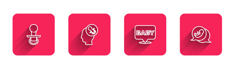 Sticker - Set line Baby dummy pacifier, , and with long shadow. Red square button. Vector