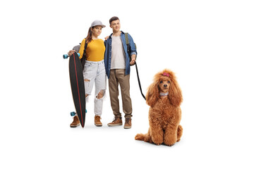 Canvas Print - Young couple with backpacks and a longboard with a red poodle dog