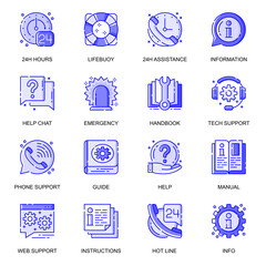 Poster - Help And Support web flat line icons set. Pack outline pictogram of 24 h hours assistance, operator hot line, tech service concept. Vector illustration of symbols for website mobile app design