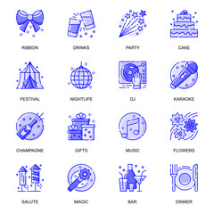 Poster - Party Event web flat line icons set. Pack outline pictogram of decorations, celebration holiday, gifts, birthday cake, nightlife concept. Vector illustration of symbols for website mobile app design