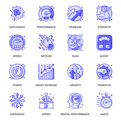 Poster - Performance web flat line icons set. Pack outline pictogram of exploding, strength, speed, meteor, boost, expansion, effects concept. Vector illustration of symbols for website mobile app design