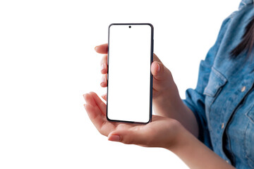 Leinwandbilder - Woman holding smart phone in front, vertical position and show isolated display for app design presentation. Isolated background