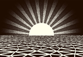 Poster - Retro dotwork landscape with 80s styled sun rays, laser grid and stars background from old sci-fi book or poster