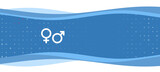 Fototapeta Kosmos - Blue wavy banner with a white gender symbol on the left. On the background there are small white shapes, some are highlighted in red. There is an empty space for text on the right side