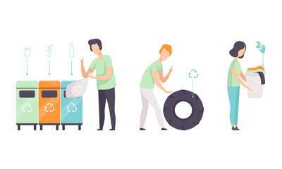 Poster - People Sorting Waste for Recycling Set, Male and Female Characters Separating Trash to Reduce Environmental Pollution Flat Vector Illustration