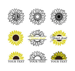 Sunflowers set, Sunflower monogram frame, Yellow sunflower with brown center, Sunflower outline