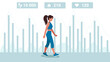 © sveta3 - A girl walks along the road on the background of a pedometer graph . At the top are icons for counting steps, calorie consumption, and heart rate measurement.