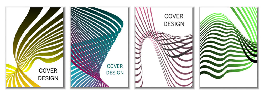 A set of 4 abstract covers. Wavy parallel gradient lines, ribbons evolve. Cover design, background. Trendy banner, poster.