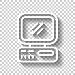 Poster - Old computer, vintage technology, retro pc, simple icon. White linear icon with editable stroke and shadow on transparent background