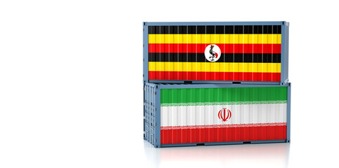 Two freight container with Uganda and Iran national flags. Copy space on the left side - 3D Rendering