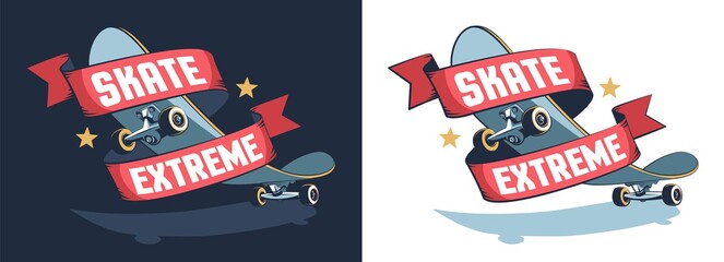 Poster - Skate extreme retro emblem. Skateboard vintage logo with ribbon. Vector illustration.