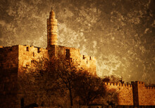  Retro Aged Postcard Style Photo With Scratches Of Tower Of David (or Jerusalem Citadel) At Sunset. Jerusalem, Israel. Sepia.