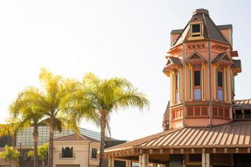 Daytime view of the historic downtown skyline of the eastern end of Anaheim, California, USA.