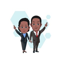 Wall Mural - vector illustration of cartoon caricature of a couple of black men and women coming forward as candidates wearing tuxedo suits and waving isolated on white background.