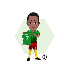 Wall Mural - cartoon caricature vector illustration of a black soccer player in a soccer jersey showing a soccer jersey with his name and jersey number isolated on a white background.