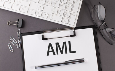 Poster - Office paper sheet with text AML and keyboard. Business concept