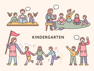 Poster - Teachers and children in kindergarten. flat design style minimal vector illustration.
