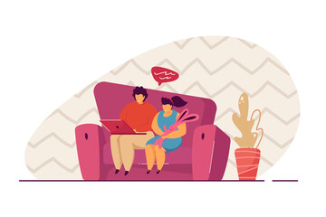 Poster - brother and sister sitting on sofa and using laptop. flat vector illustration. boy and girl having v