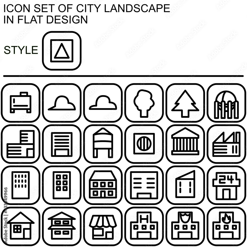 City landscape icon set in flat design with black lines, white fills on ...