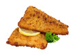 Fried battered haddock fish fillets isolated on a white background