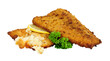 Fried battered haddock fish fillets isolated on a white background