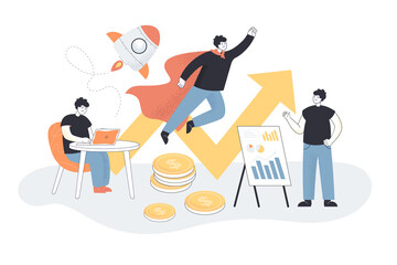 Poster - Businessmen with ideas creating startup. Company leader flying like superhero, rocket flat vector illustration. Entrepreneurship, innovation concept for banner, website design or landing web page